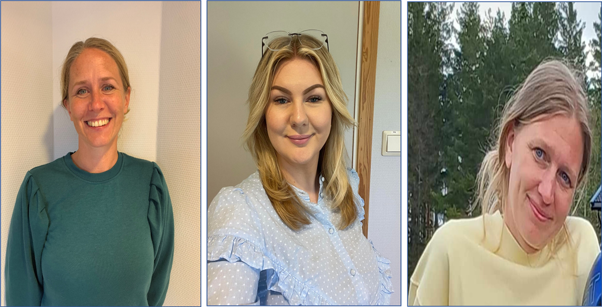 Bilde av ansatte i skolehelsetjenesten i grunnskolen. f. venstre; helsesykepleier Miriam Kjeldsen Gundersen, sykepleier Ingrid Blum-Thomassen og helsesykepleier Stine Fineid Millett - Klikk for stort bilde